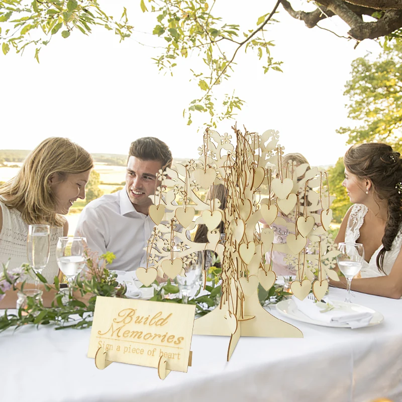 Wooden Wedding Guestbook 1 Set with 100Pcs Wood Heart Chips Sign-in Book Wedding Decoration