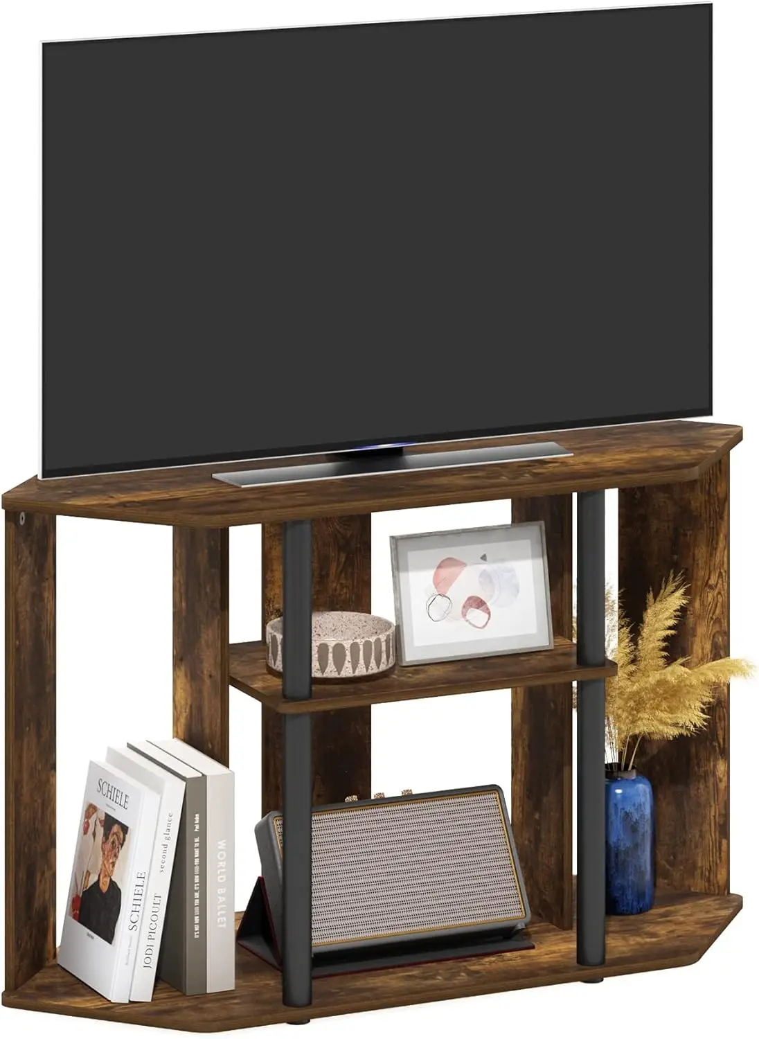 Classic Stand with Plastic Poles for TV up to 43-Inch, Amber Pine/Black