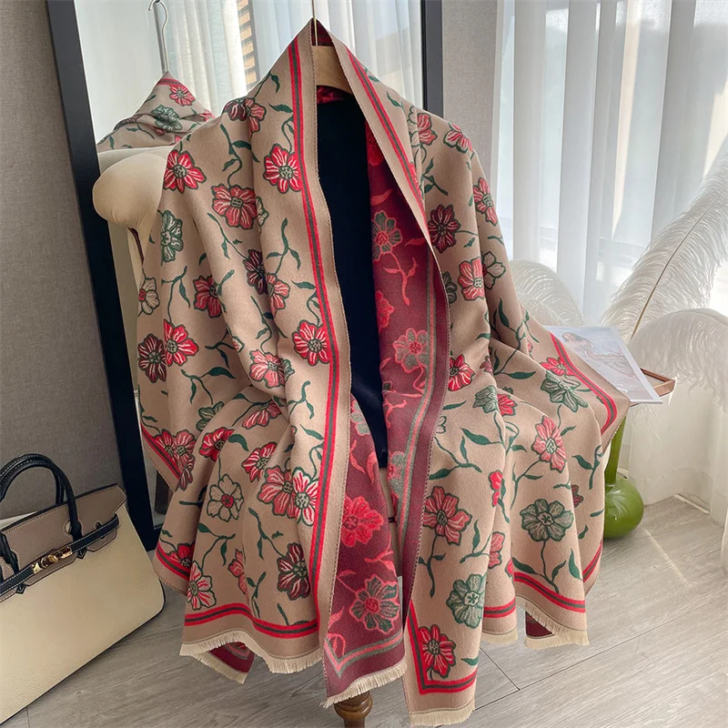 

Winter New Double Sided Cashmere Scarf For Women Fashion Flower Pattern Long Thicken Warm Shawl Wrap Pashmina Fringed Blanket