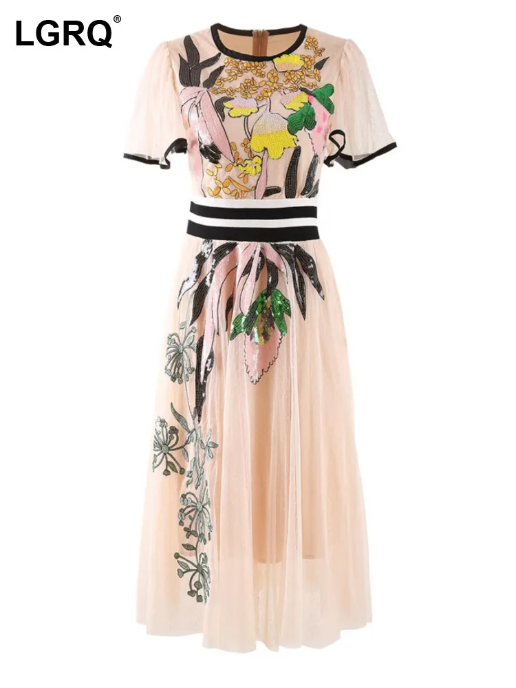 

LGRQ Women's Mesh Embroider Sequin Patchwork Dress Fashion Short Sleeve O-neck High Waist A-line Dresses 2024 Summer New 19ZZ461
