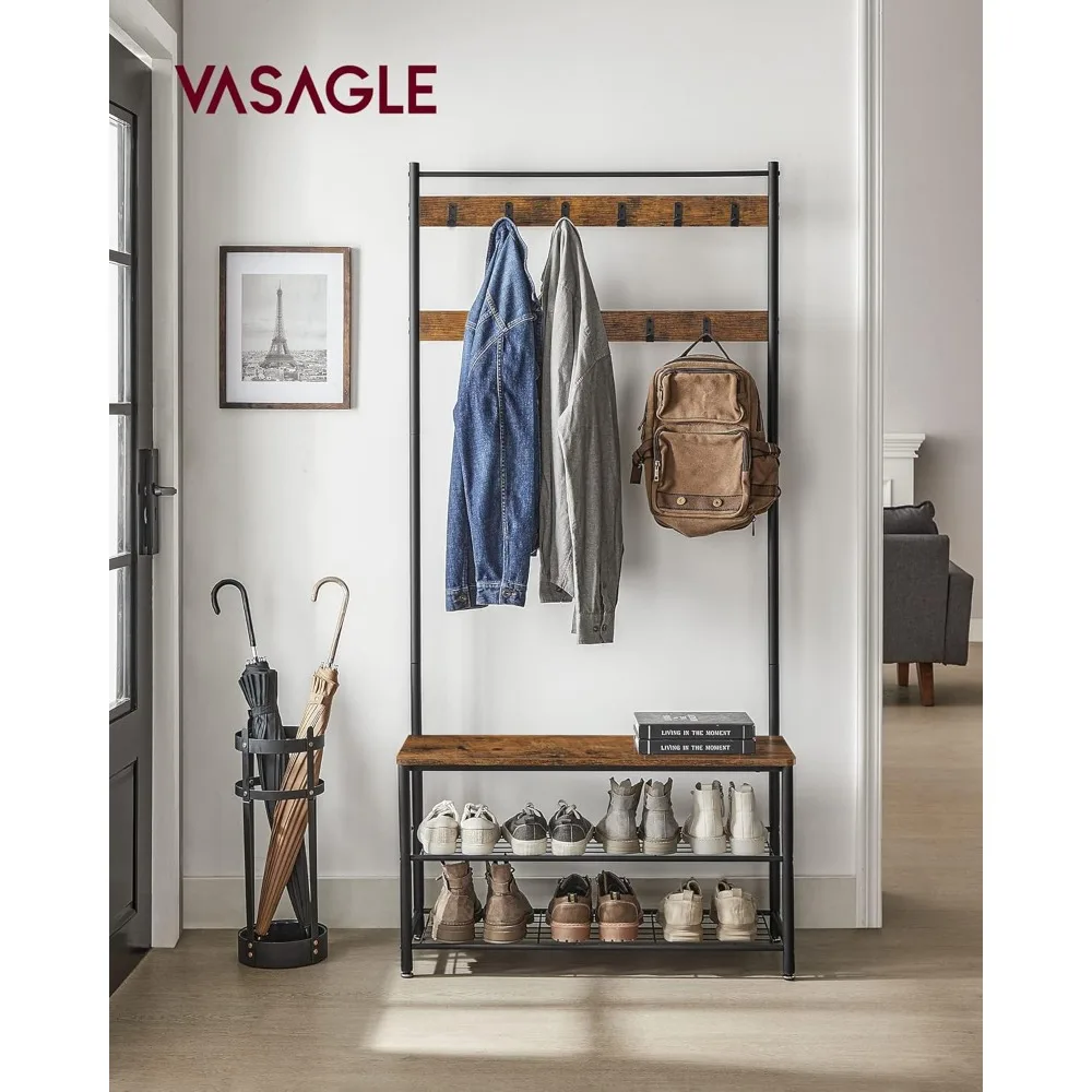 Coat Rack, Hall Tree with Shoe Storage Bench, Entryway Bench with Shoe Storage, 3-in-1, Steel Frame