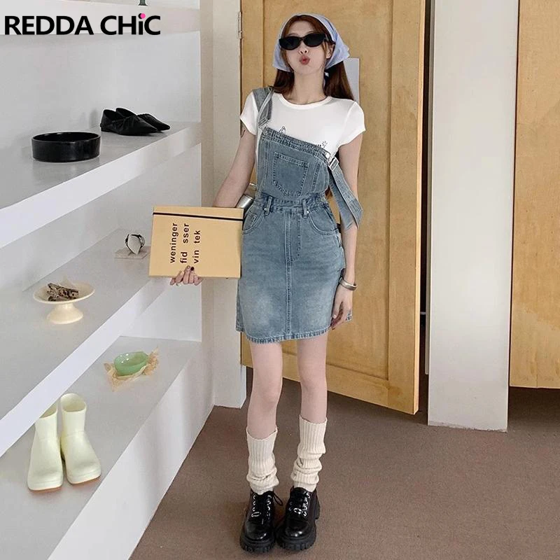

REDDACHiC Basic Solid Women Denim Mini Skirt Overalls Patchwork Casual A-line Front Bib Summer One-Piece Dress Vintage Clothes