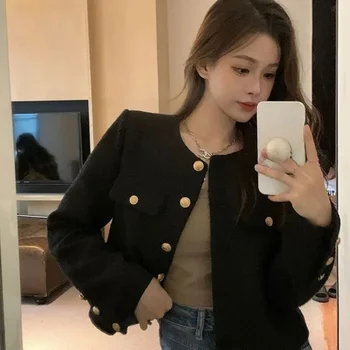 Wool Coat Women Jacket Short Autumn Winter Cardigan Long Sleeve Top Single Breasted Tweed Versatile Wool Top Full Sleeve 2024 1
