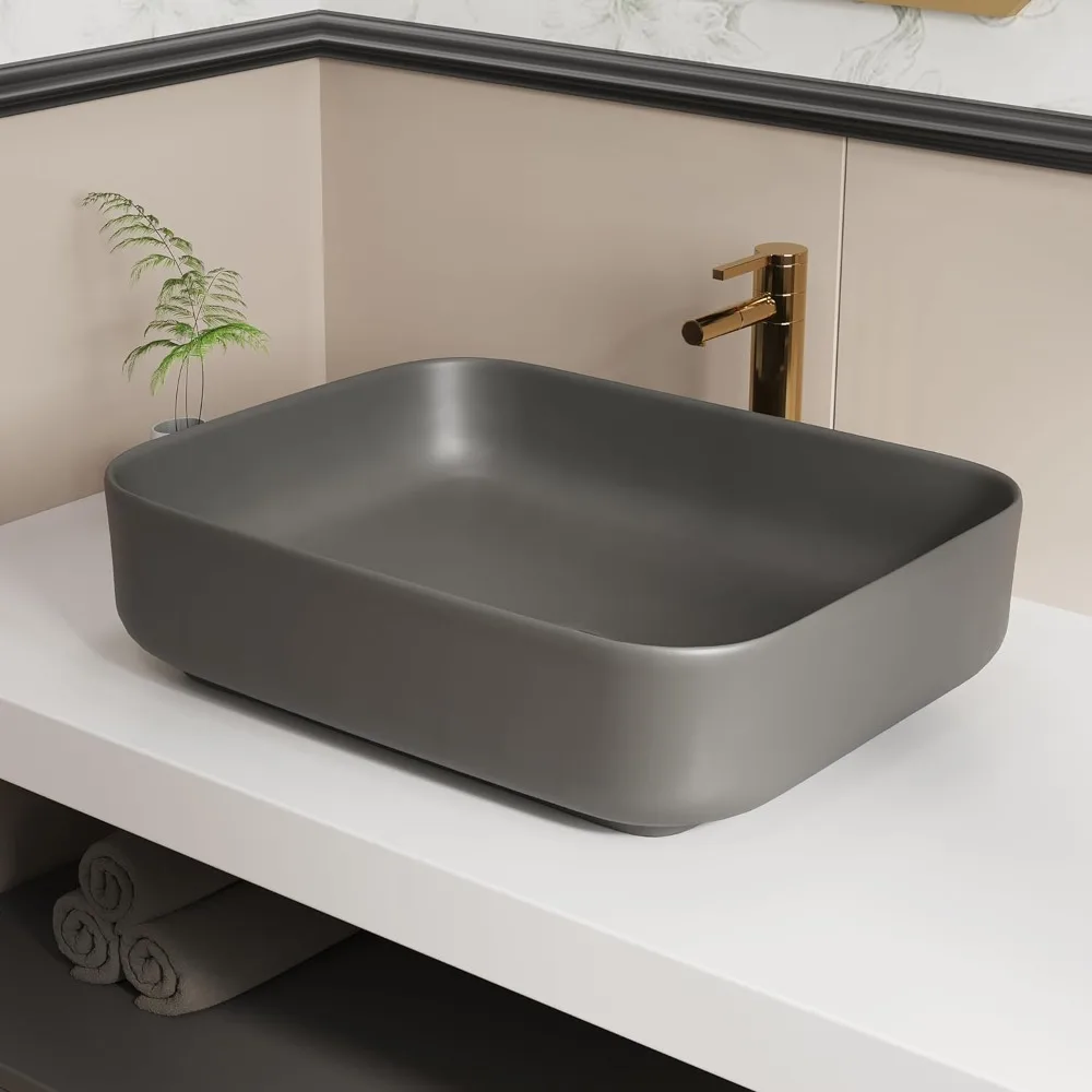 

Ceramic Countertop Vessel Sink for Bathroom Vessel Sink Rectangle Matte Gray Vessel Sink With Gray Pop Up Drain Washbasins Home