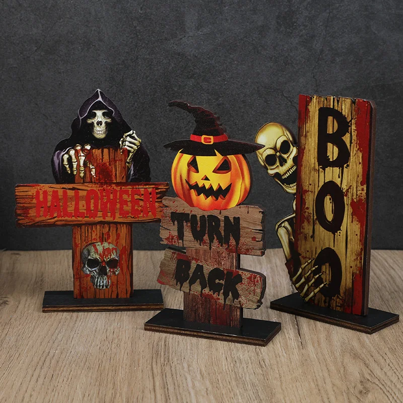 1/3pcs Halloween Wooden Ornaments Scared Pumpkin Ghost Skull Home Desktop Decoration Horror Props 2025 Halloween Party Supplies