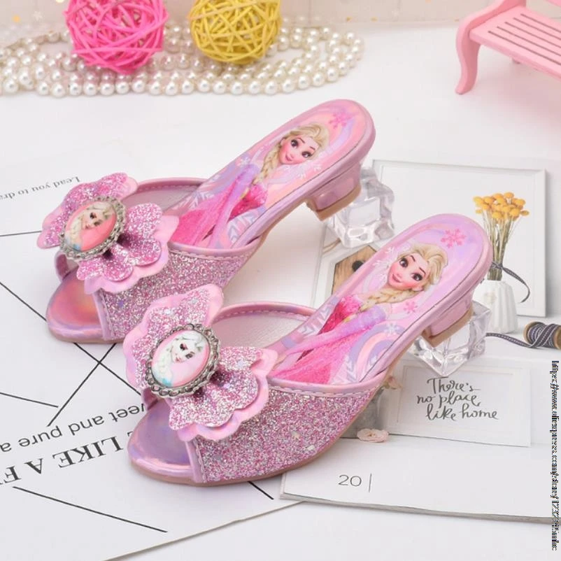 Disney Girls Summer Sandals Slipper Sequined Princesse Children High Heel Party Dress Elsa Shoes Leather Slipper For Kids Slides