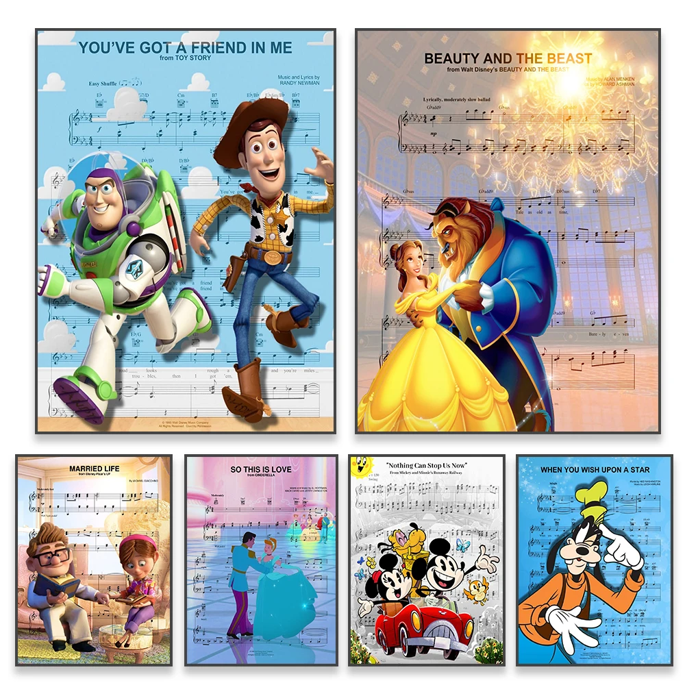 Disney Cartoon Movie Music Poster Cenerentola Wall Art Toy Story Prints Beauty And The Beast Sheet Music Canvas Painting Decor