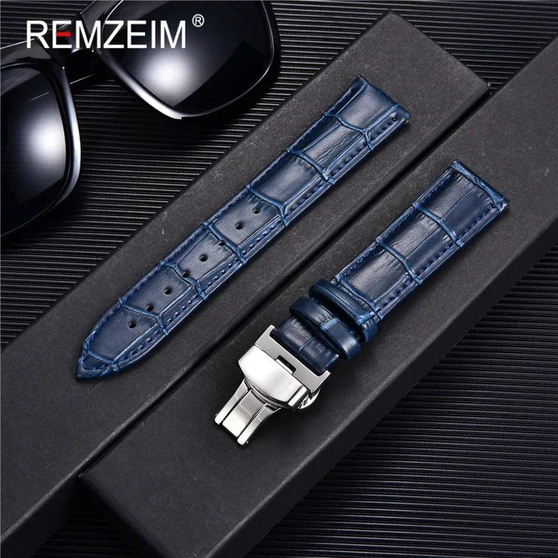 

REMZEIM Bamboo Pattern Genuine Leather Watch Strap First layer Cowhide Watch Band 18/20/22/24mm With Steel Butterfly Buckle