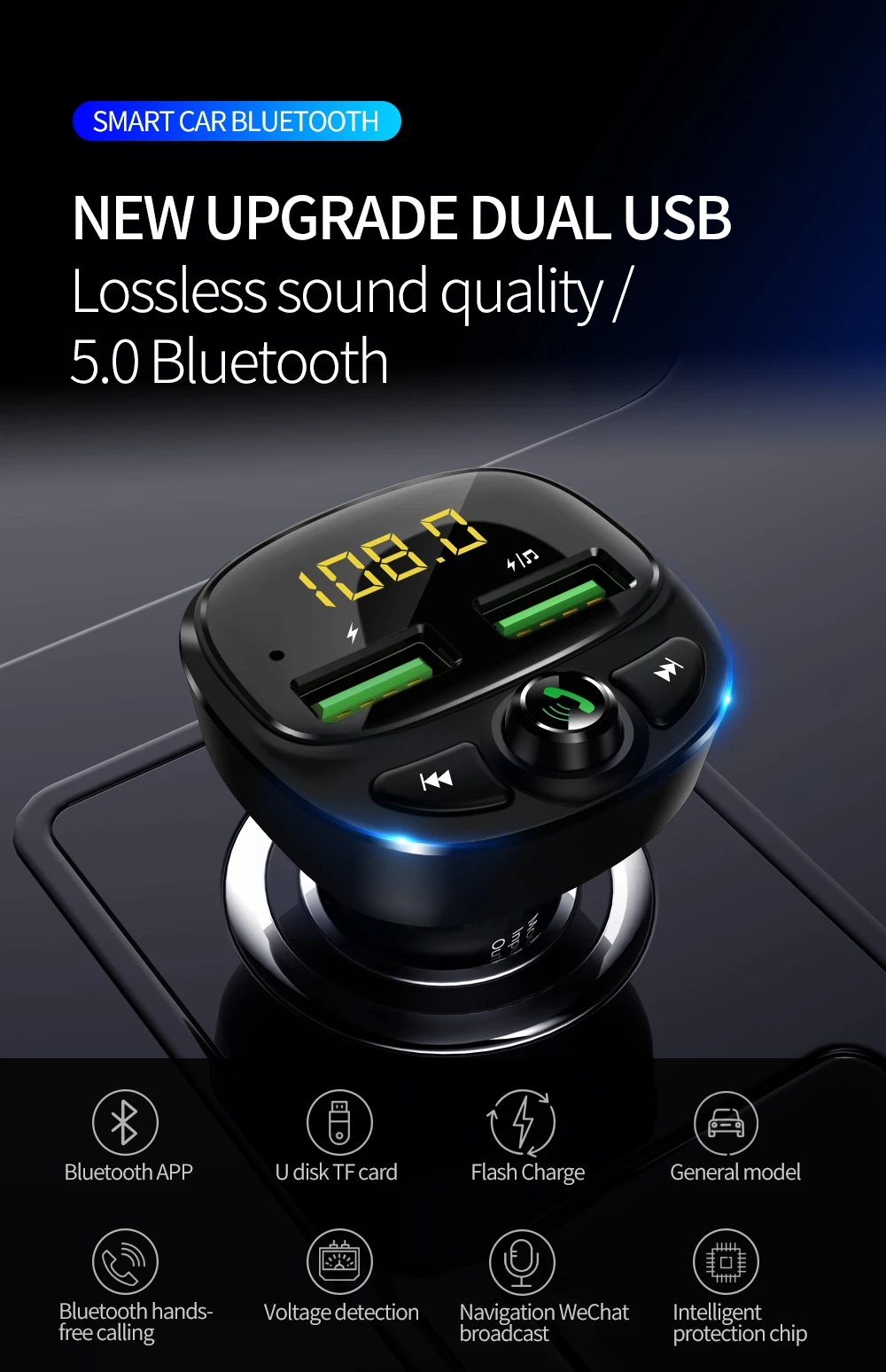 Car FM Transmitter Bluetooth 5.0 Dual USB Charger Wireless Handsfree Car Kit FM