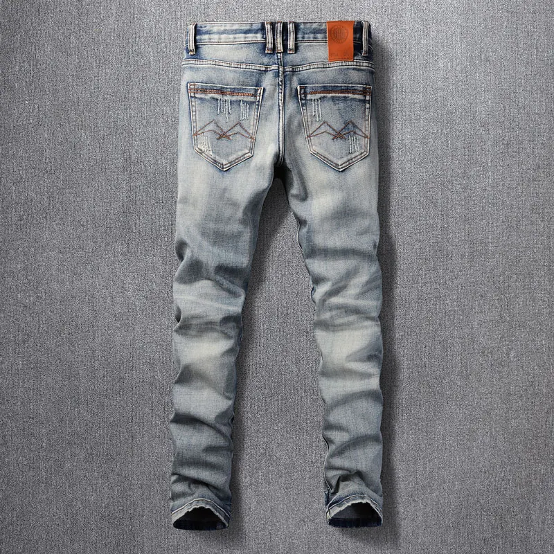 Newly Designer Fashion Men Jeans Retro Blue High Quality Elastic Slim Fit Ripped Jeans Men Patched Vintage Denim Pants Hombre