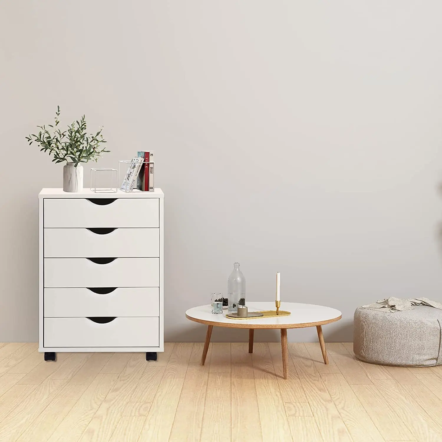 5-Drawer Chest Wood Storage Dresser Cabinet with Wheels Mobile Side Cabinet Chest for Home Office Storage Use,White 44 JFurnitures 2026