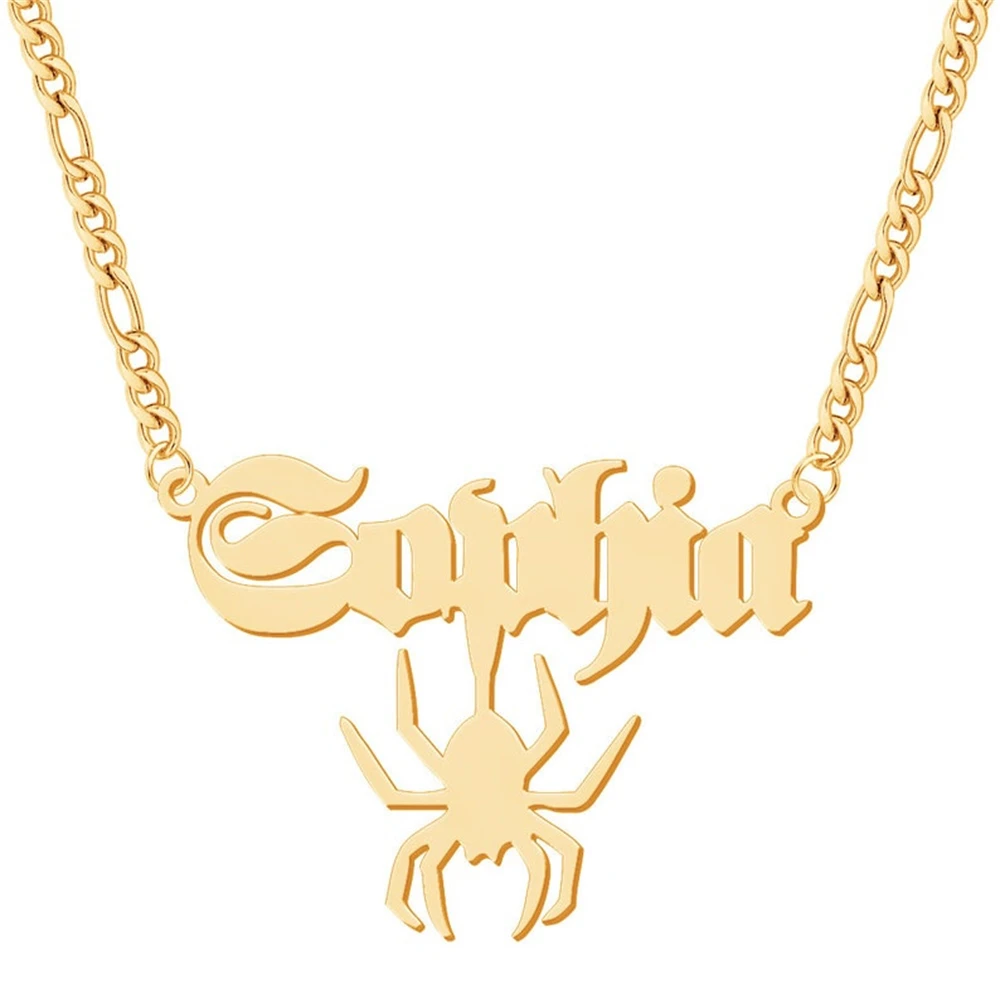 

Gothic Name Necklace With Spider Charm Personalized Stainless Steel Hip Hop Jewelry For Women Men Halloween Gift
