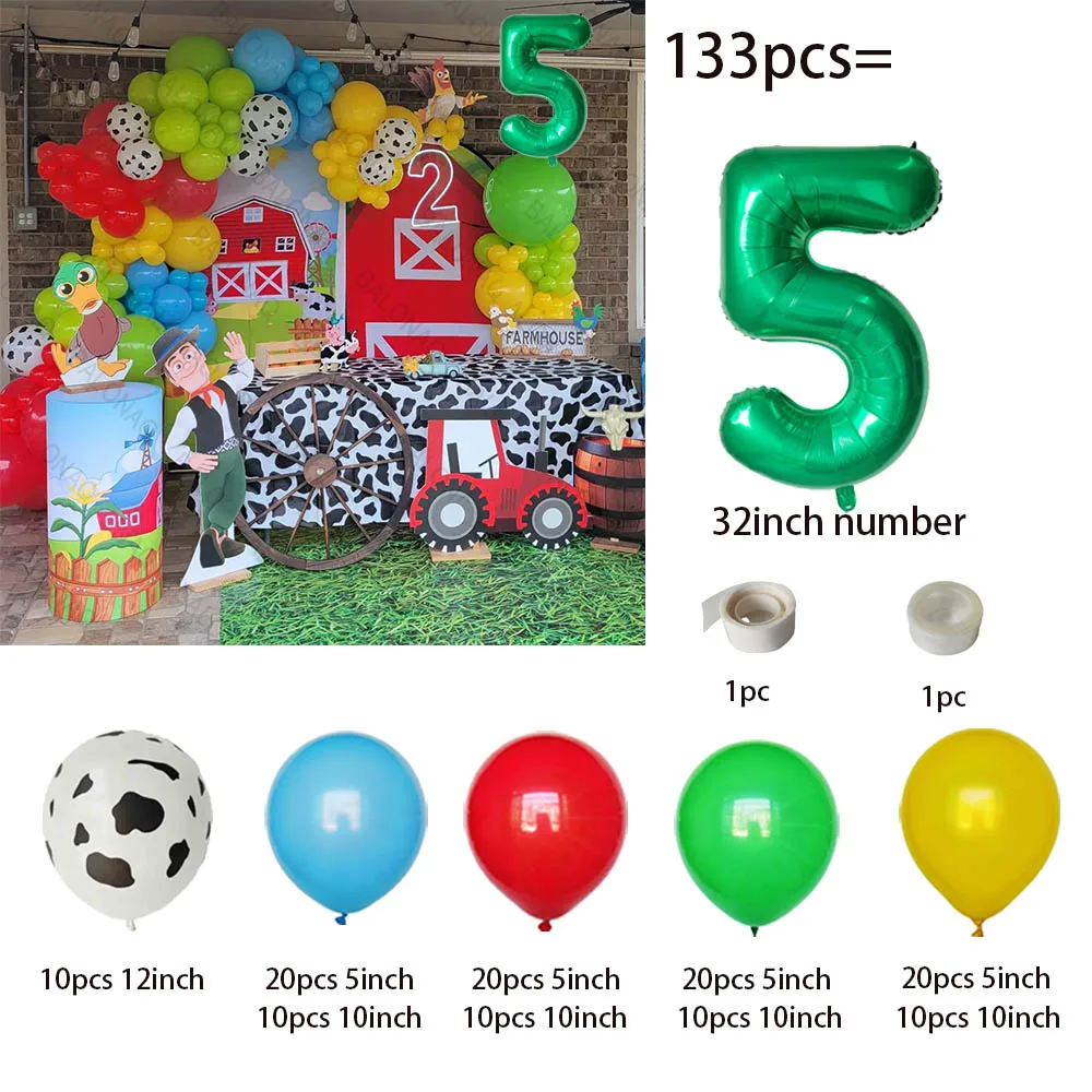 thumbnail image 1 of 1 juego de globos de látex con estampado de vaca, color rojo, amarillo y verde, kit de arco de guirnalda, suministros para fiestas de granja, decoración de cumpleaños con animales de granja, 1 of 4