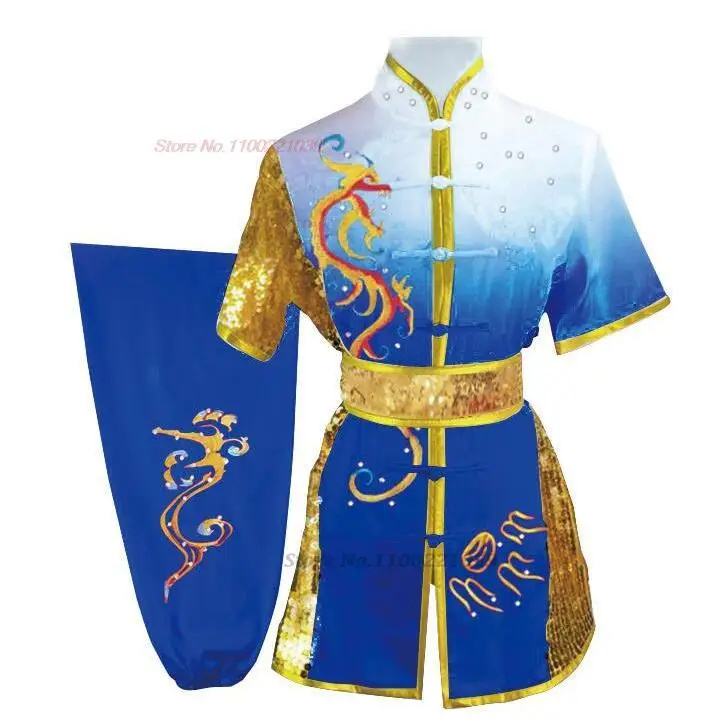 Traditional Chinese Wushu Kung Fu Set Sequin Dragon Embroidery Shaolin Uniform Kungfu Stage Performance Tops + Pant + Belt Set chinese traditional costume