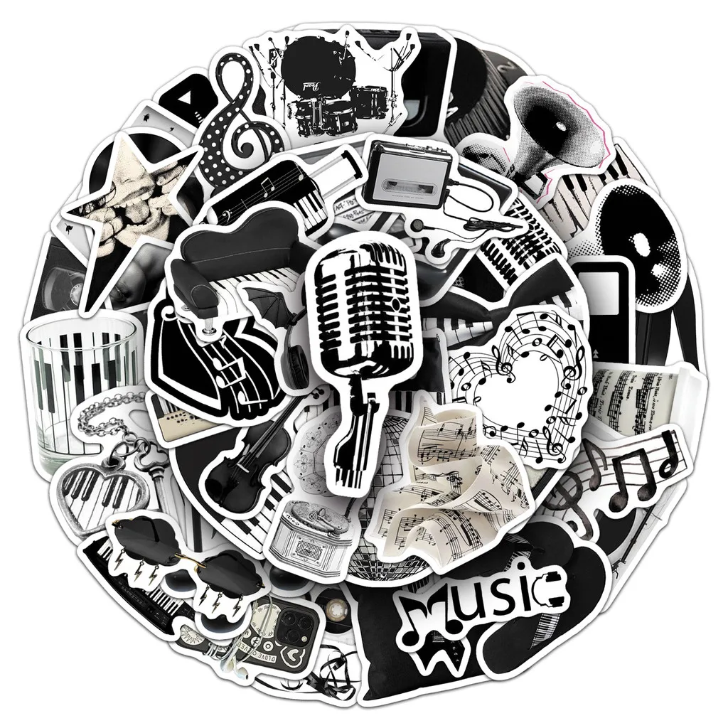 50개 블랙 & 화이트 음악 INS 스타일 스티커 방수 창의적인 데칼 휴대폰 케이스, 저널용 LanLanStickersWorld Store