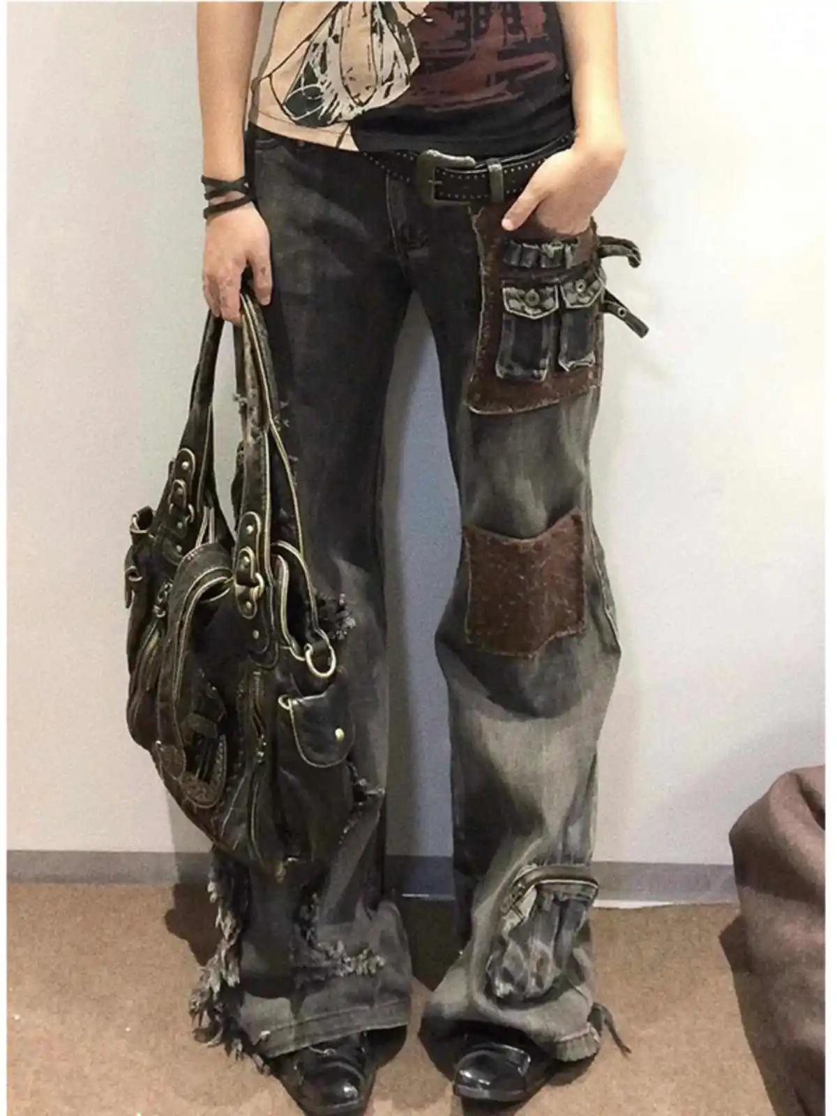 Women Goblin Core Flare Cargo Jeans Grunge Japanese Abi Low Rise Gyaru Y2K Denim Pants 2000s Aesthetic Bell-Bottom Punk Goth New 4
