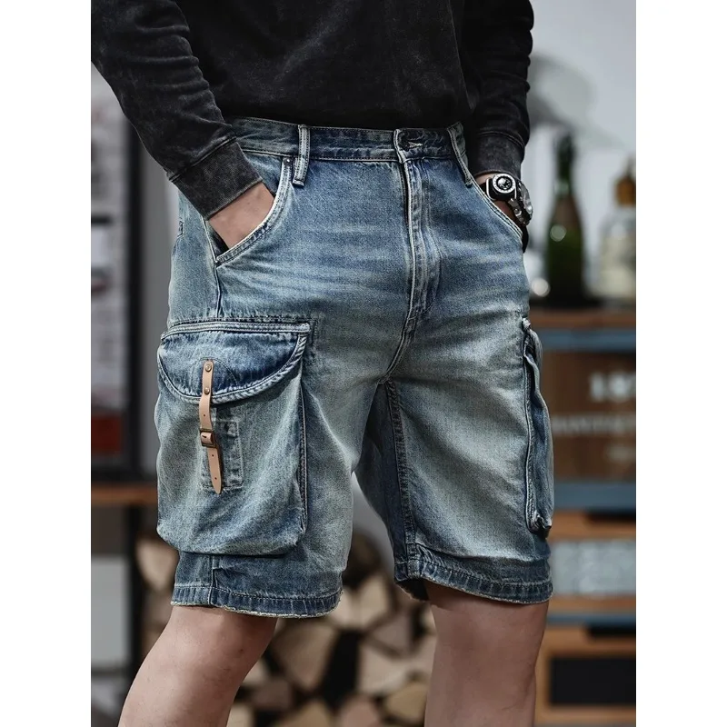 

Classic American cargo retro denim shorts men blue summer new medium pants contrast color trend casual loose five quarter pants