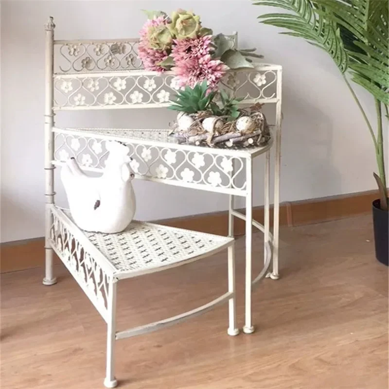 American Style Half Arc Trapezoidal Plant Stand Flower Holder Rotating Decorative Shelf Courtyard Balcony Display Rack, 3 Layers