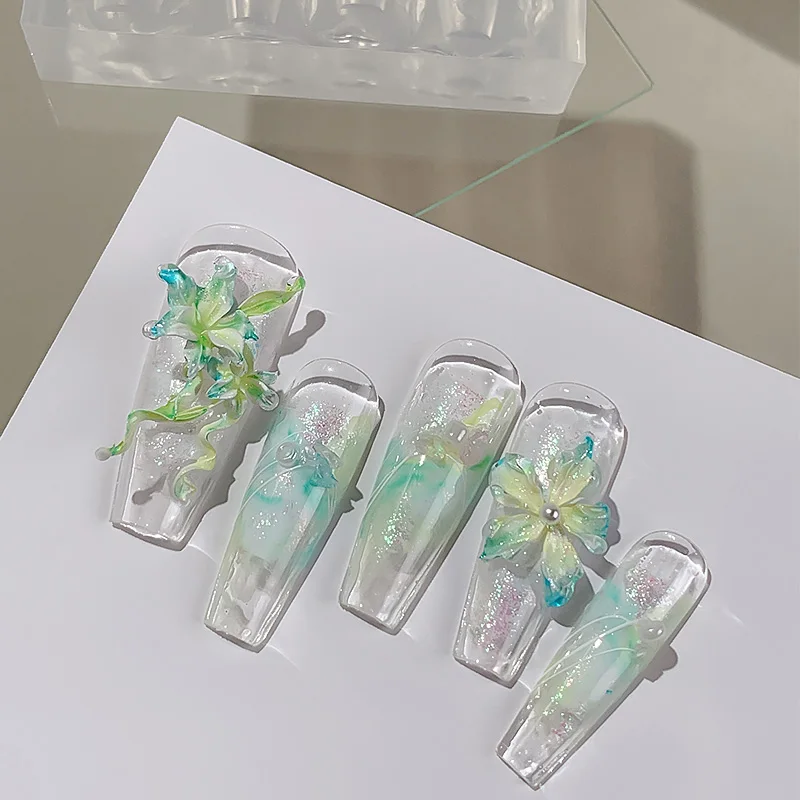 카니우 네일 아트 3D 실리콘 몰드 우아한 리본 백합 꽃잎 조각 템플릿 혼합형 스탬핑 플레이트 DIY 네일 도구