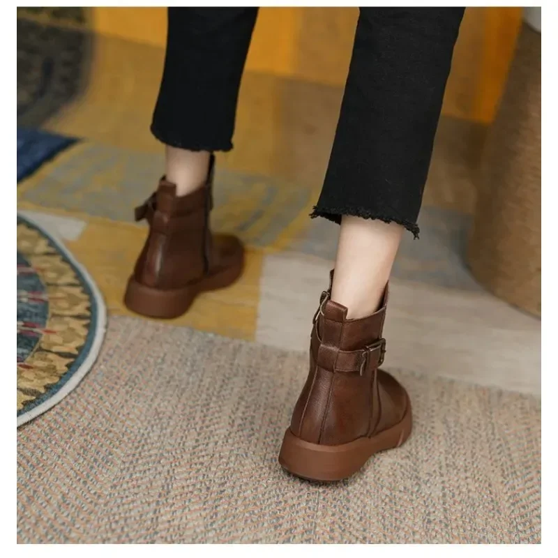 Winter Women's Shoes Leather Casual Flat Ankle Boot Female Platform Short Booties 2023 New Retro Boots for Women Autumn
