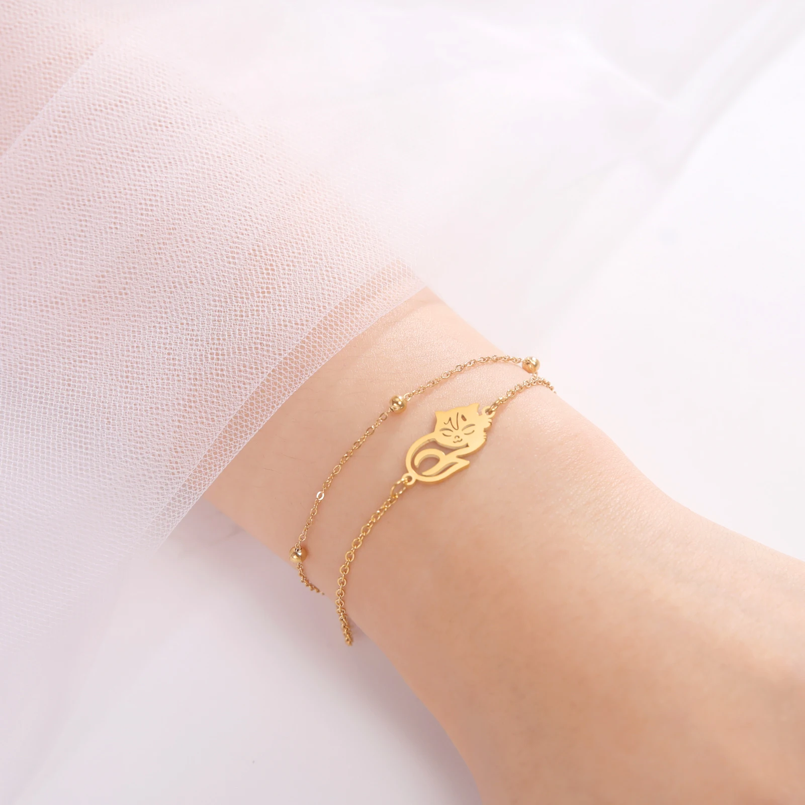 Cute Lying Cat Charm Bracelet for Women Stainless Steel Animal Kitten Wax Rope Hand Bracelet Jewelry - PeticaDeals