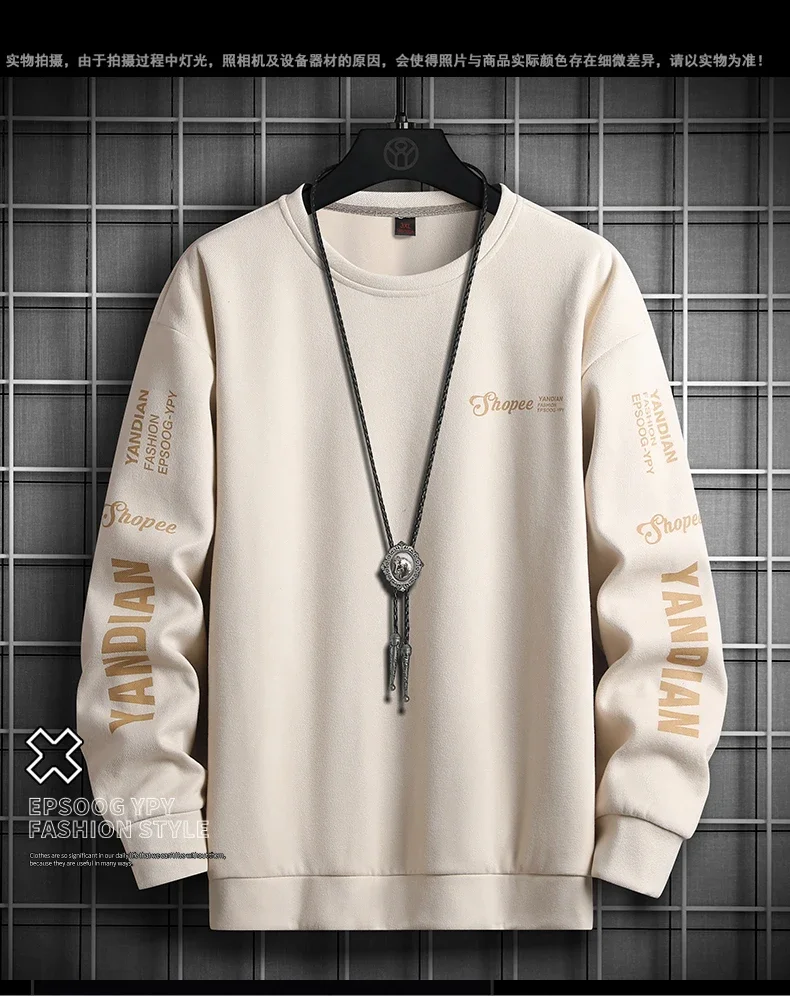 2024 Spring Autumn New Men's Sweatshirt Suede Fabric Fleece Casual Tops Male Vintage Sweatshirts Harajuku Print Fashion Pullover