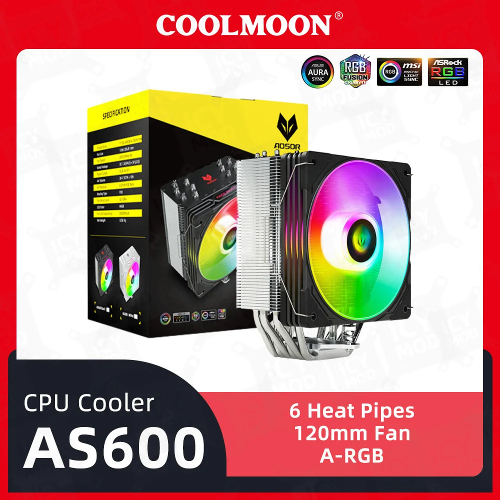 

Coolmoon CPU Cooler AS600 Digital for AM5 2000 RPM PWM Real-time Display CPU Air Cooler with 6 Heatpipes Chip Cooling Heatsink