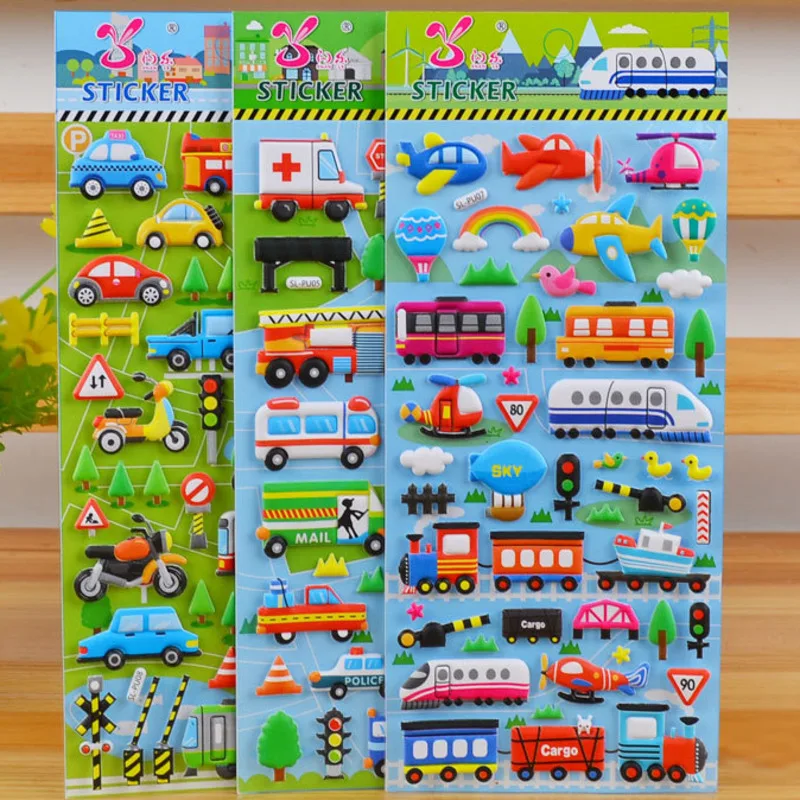 3D Stickers 3D Bubble Sticker Car Truck Plane Traffic Waterproof Cartoon Anime Stickers For Kids 6 Sheets