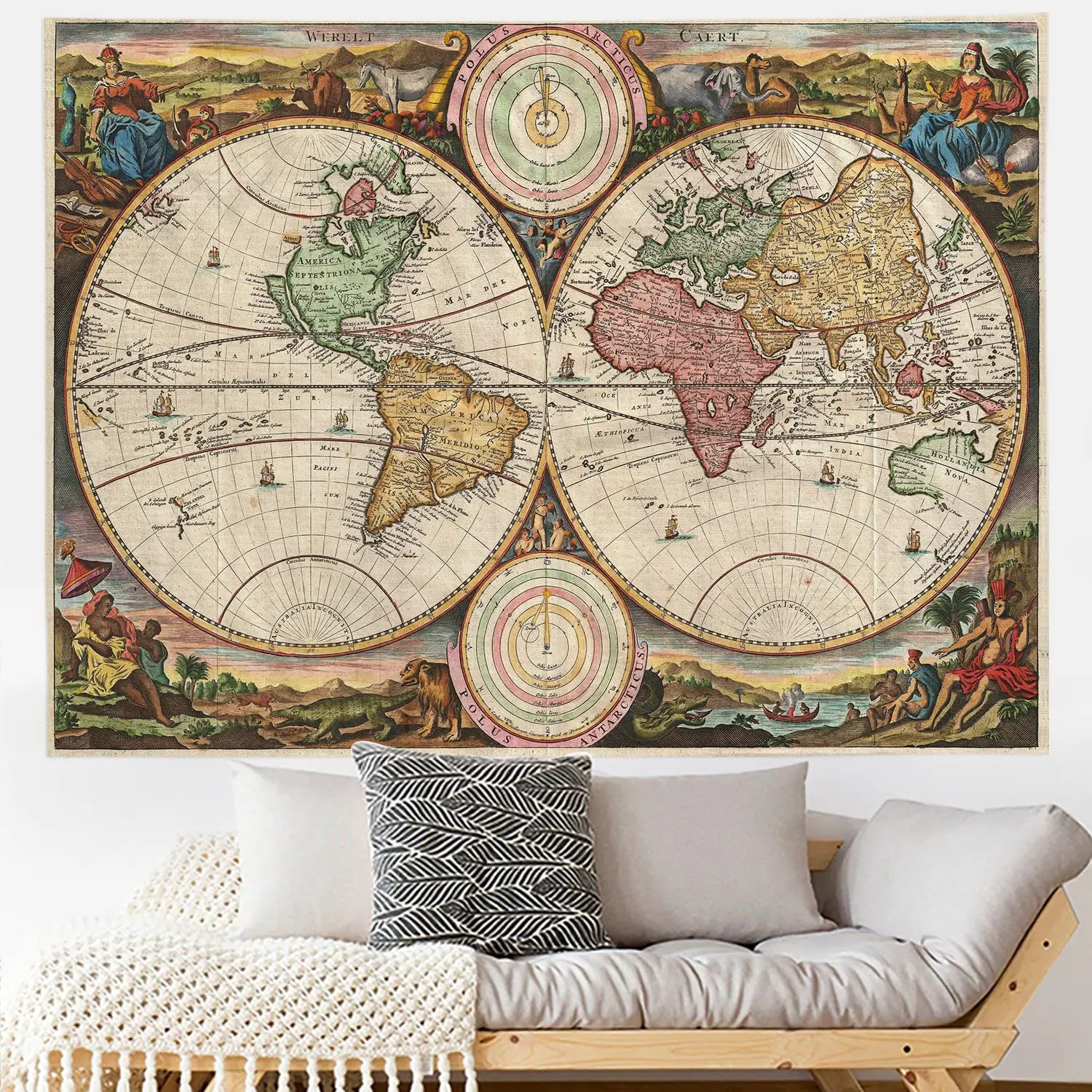 World Map Tapestry Retro Sea Route on Ancient Treasure Map Wall Hanging