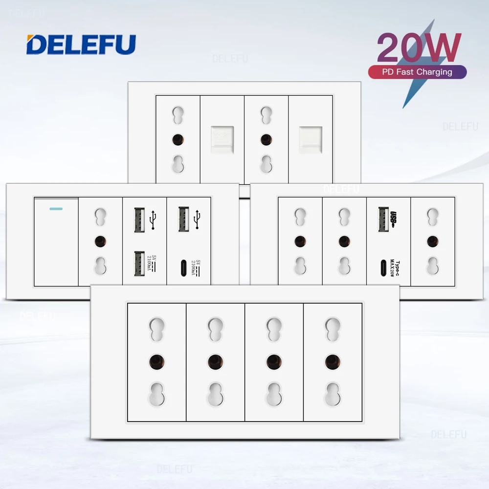 DELEFU Flame Retardant SC31 Panel 145mm White Italian Standard USB Type C Fast Charging Wall Socket Switch TV Phone CAT5 CAT6