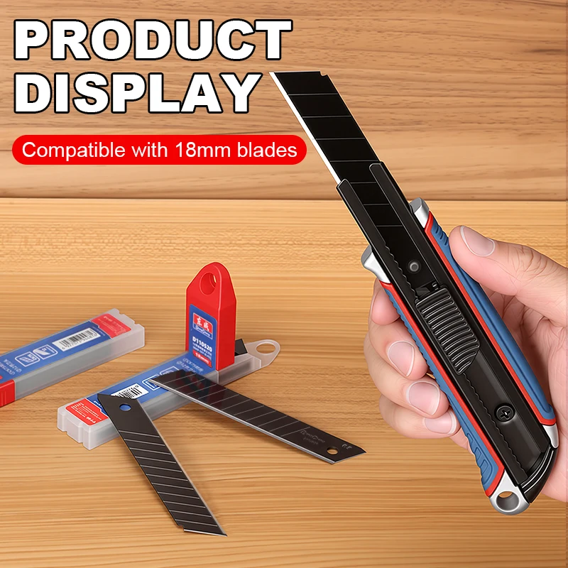 알루미늄 손잡이가 있는 헤비듀티 유틸리티 나이프 - 블랙 SK5 블레이드, 18mm 블레이드 호환, 전문적인 절단을 위한 눈부심 방지 마감 처리