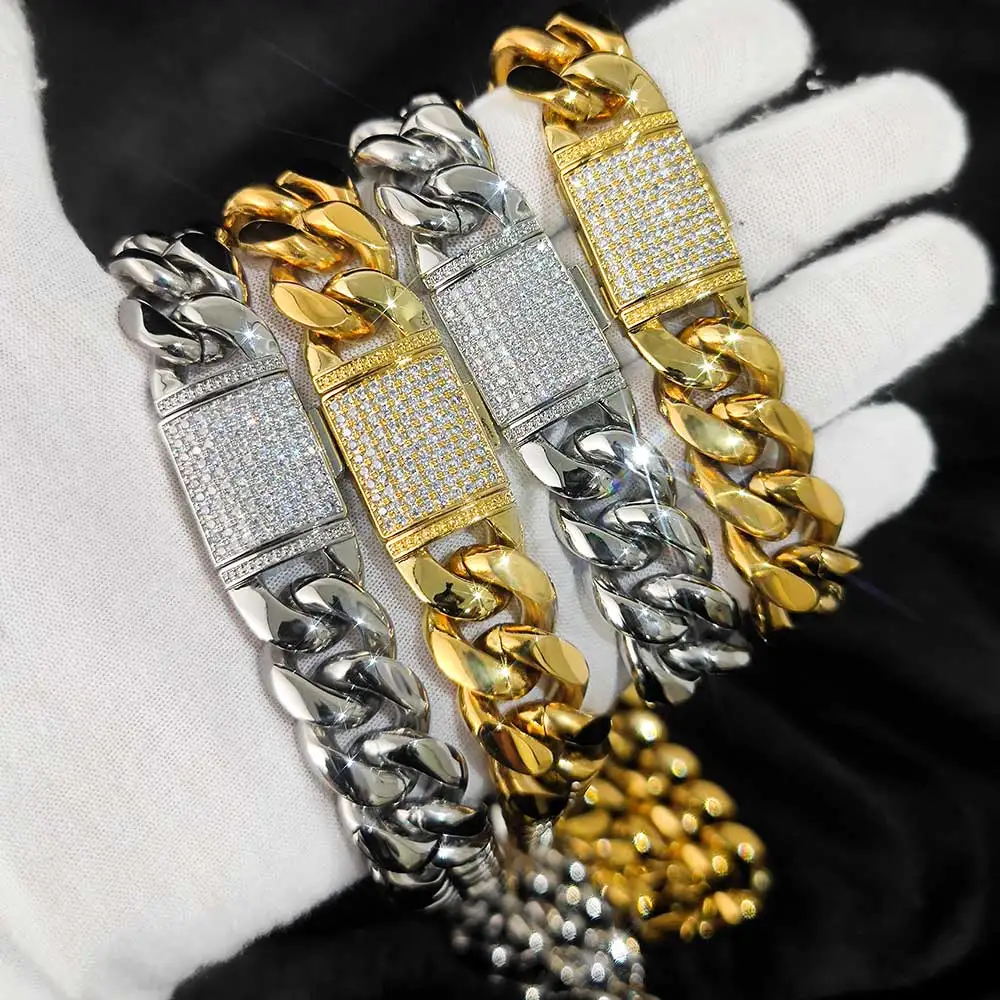 18Mm 5A CZ Iced Out Lock Miami Stainless Steel Thick Heavy