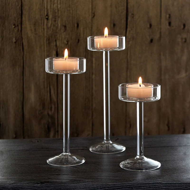 Set 3 Portacandele In Vetro Trasparente Per Candele Affusolate - Ideali Per Centrotavola E Decorazione Casa - 2