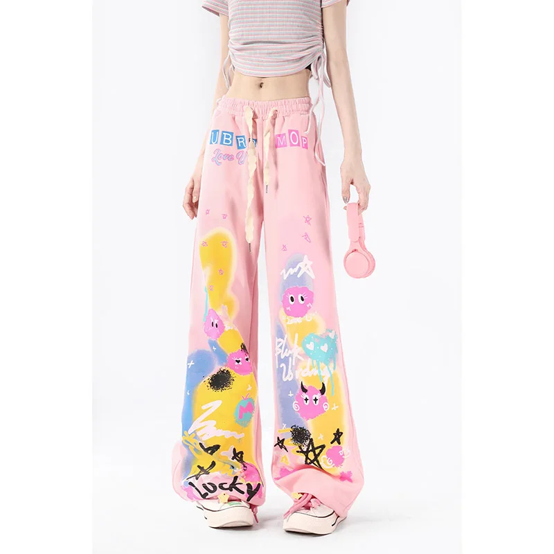 Pink Graffiti Casual Pants For Women Summer Thin High Waist Wide Leg Straight Tube Dopamine Wear Small Pants