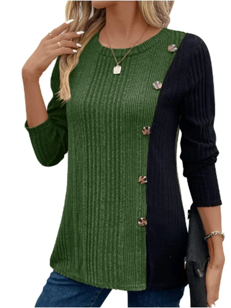 Trendiges Rundhals-Langarm-Top für Damen, Farbblock-Knopf-T-Shirt, täglich lässig, bequem, Herbst-Top