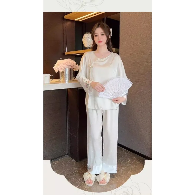 Neo-chinese Style Chinese-style Pajamas Ms. Spring Autumn Ice Silk Deluxe Suit Long-sleeved Trousers Loungewear Can Worn Outside