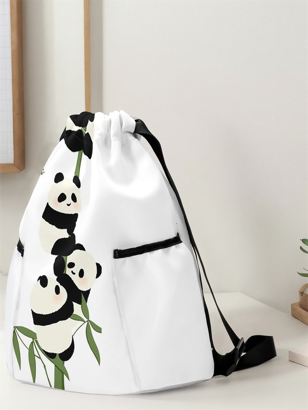 Panda Pattern Drawstring Backpack - Large Capacity Durable Fitness Bag, Adjustable Shoulder Strap, Sports Beach Backpack