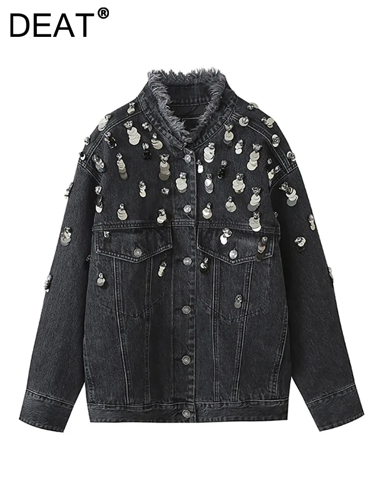 

DEAT Women's Denim Coat Sequins Diamond Beading Loose Black Burrs Collar Cotton-padded Jackets 2023 Winter New Fashion 29L2602