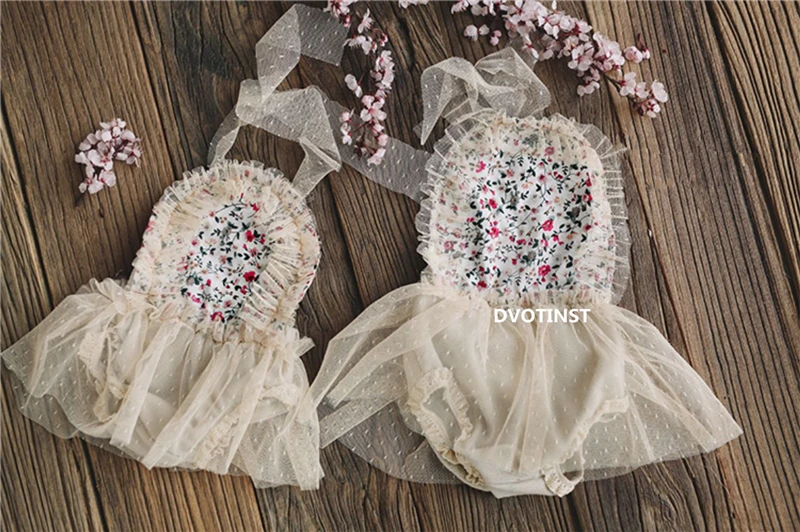 Dvotinst Newborn Baby Girls Photography Props Lace Floral Outfits Dress Backless Skirt Fotografia Accessories Studio Photo Props