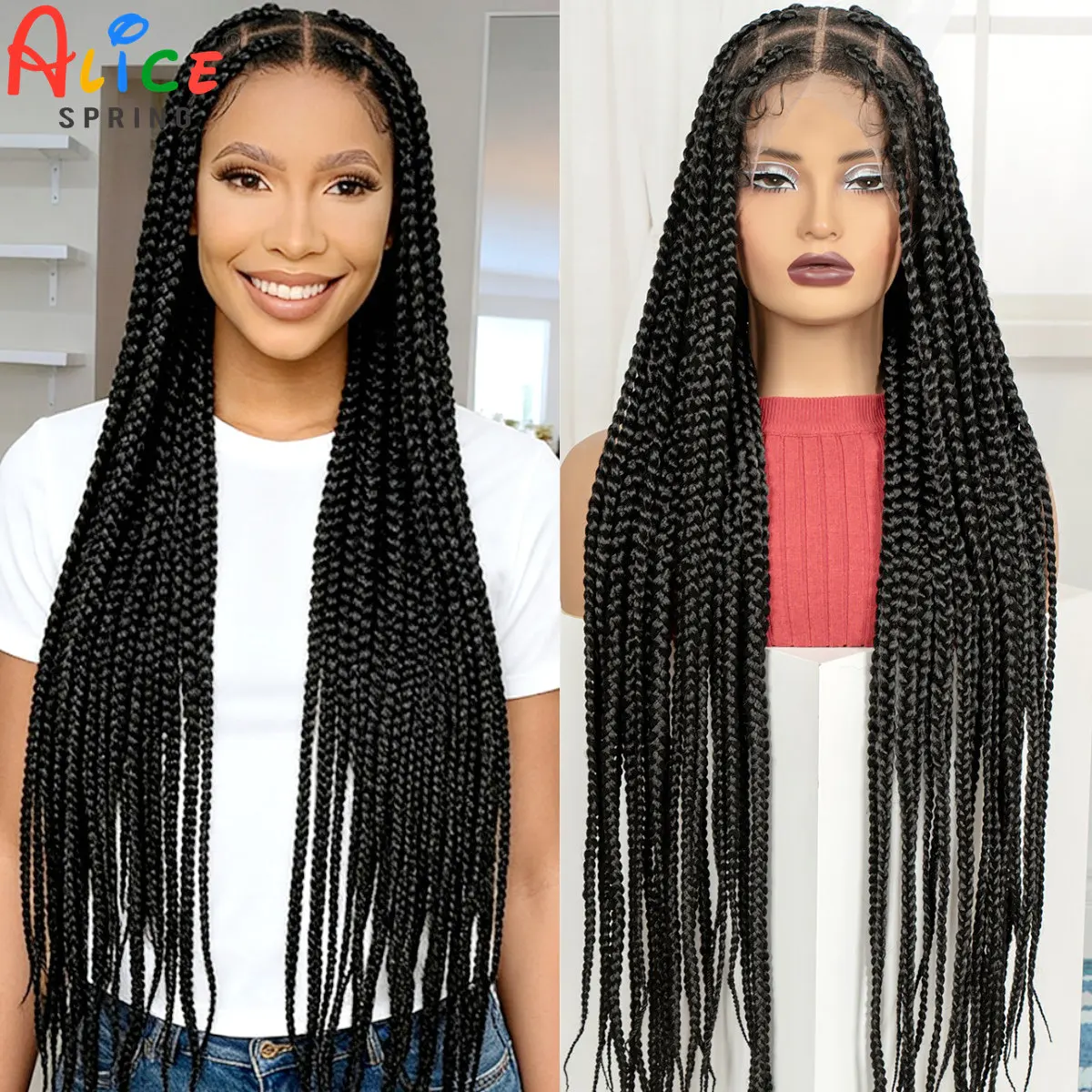 36inch Box Braided Wigs Synthetic Full Lace Braiding Hair Wigs Knotless Lace Frontal Braids Wig with Baby Hair for Black Women