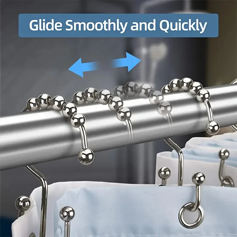 12pcs Stainless Steel Shower Curtain with Roller Balls-Double Glide Design for Easy & Secure Hanging on Shower Rods