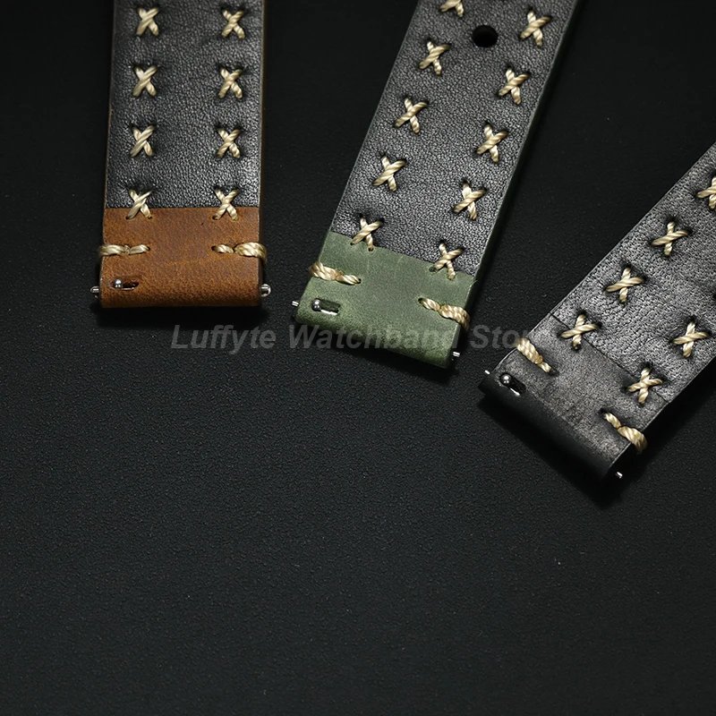 Elegant Crazy Horse Leather Watch Strap - Handmade, Thick, Stitched Replacement Band with Quick Release