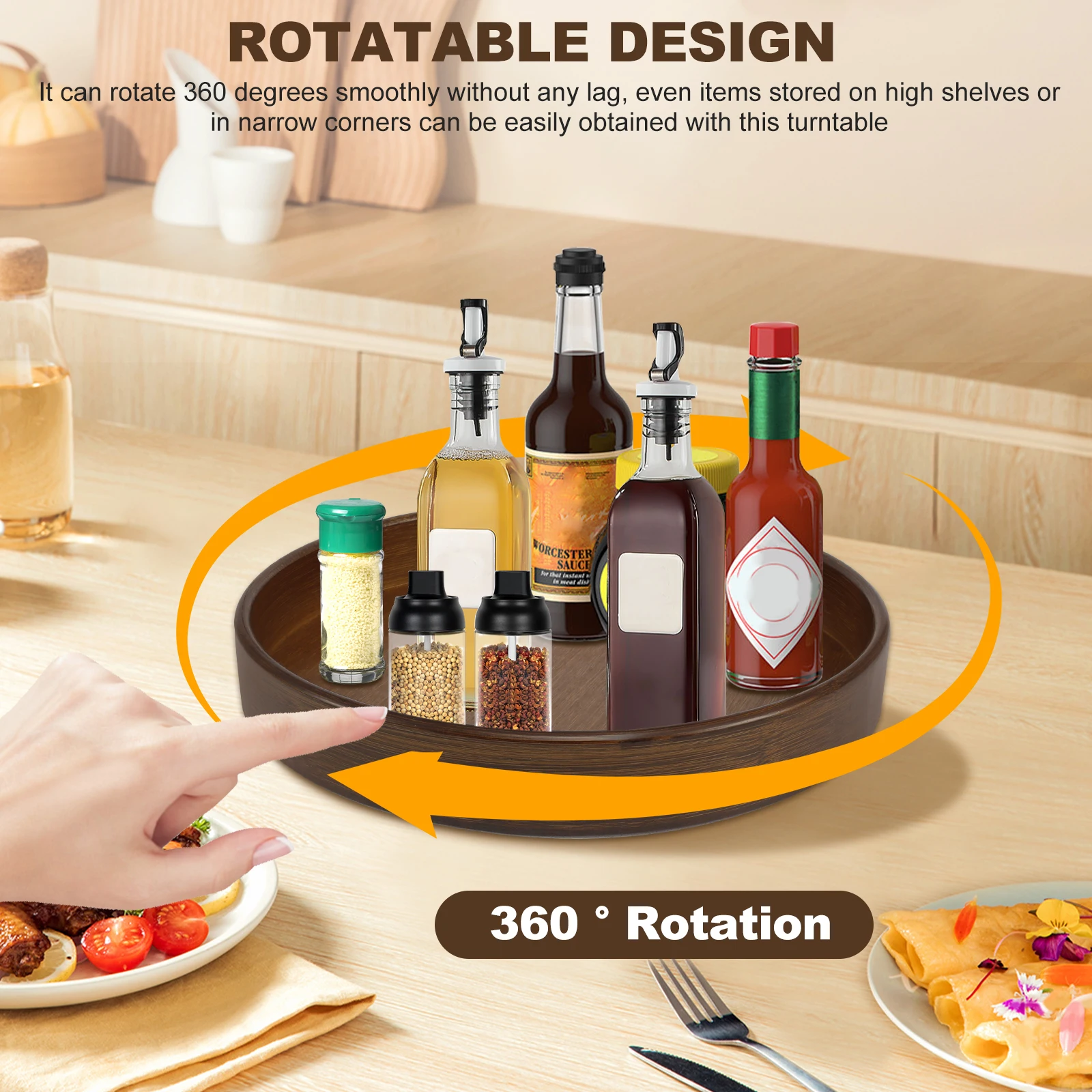 360 Rotating Wood Tray Seasoning Storage Rack Pantry Cabinet Turntable Lazy Susan Kitchen Spice Organizer Accessories