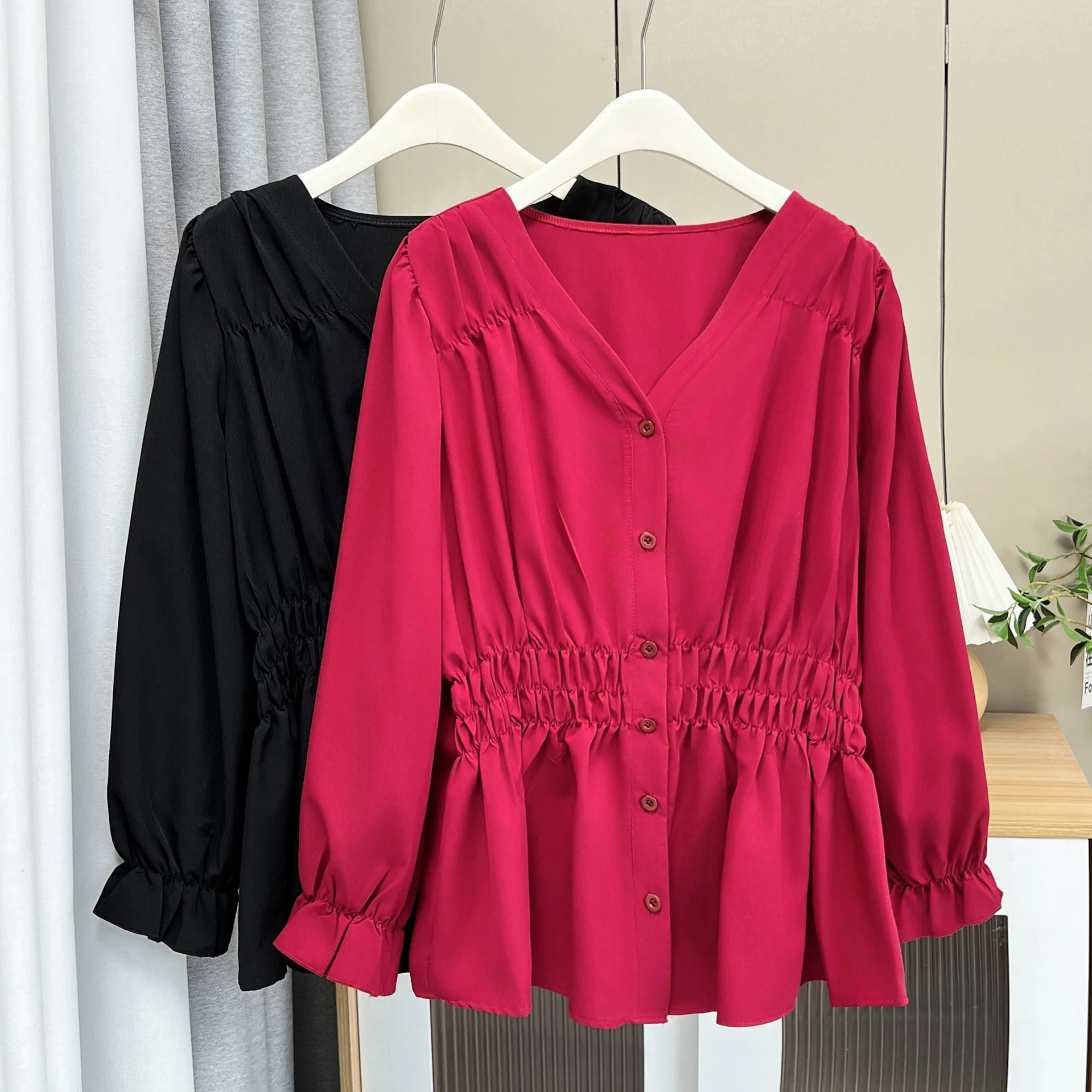 Fashion Plus Size Women's Blouses 2025 Autumn New Style Simple And Elegant V-Neck Cinched Waist Long Sleeved Shirt 703