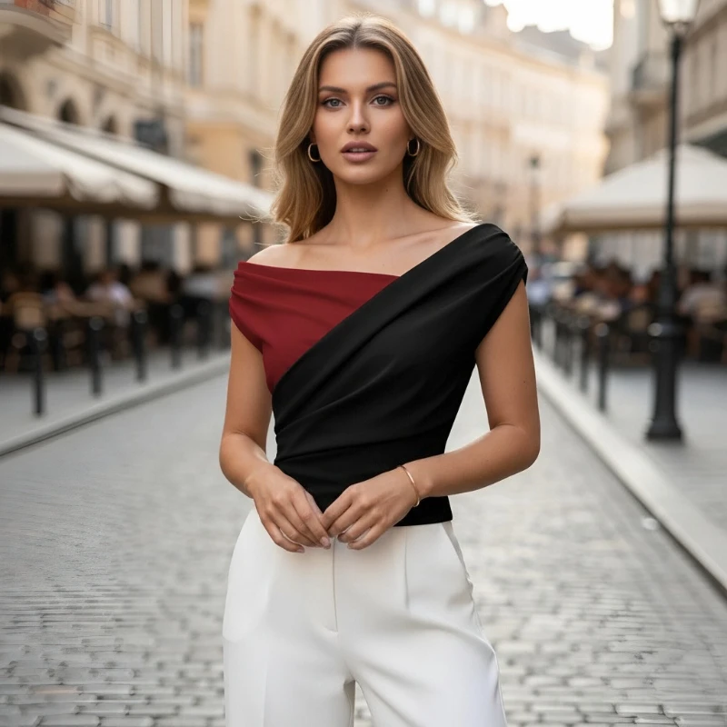 Summer Fashion New Color Matching Slanted Shoulder Pleated Edge Slim Women's Sleeveless T-shirt Temperament Commuter Top Women