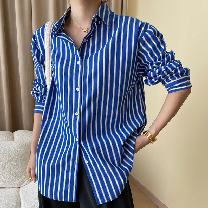 Spring and Autumn Commuter Tone Textured Blue White Striped Shirt Korean Style Versatile Casual Long Sleeve Shirt for Women