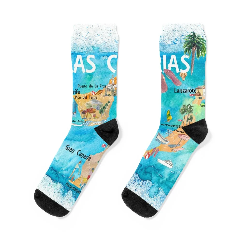 Mappa Da Viaggio Illustrati Delle Isole Canarini Con Calze Di Palma E Hierro Di Palma Di Palma E Isole Delle Canarini