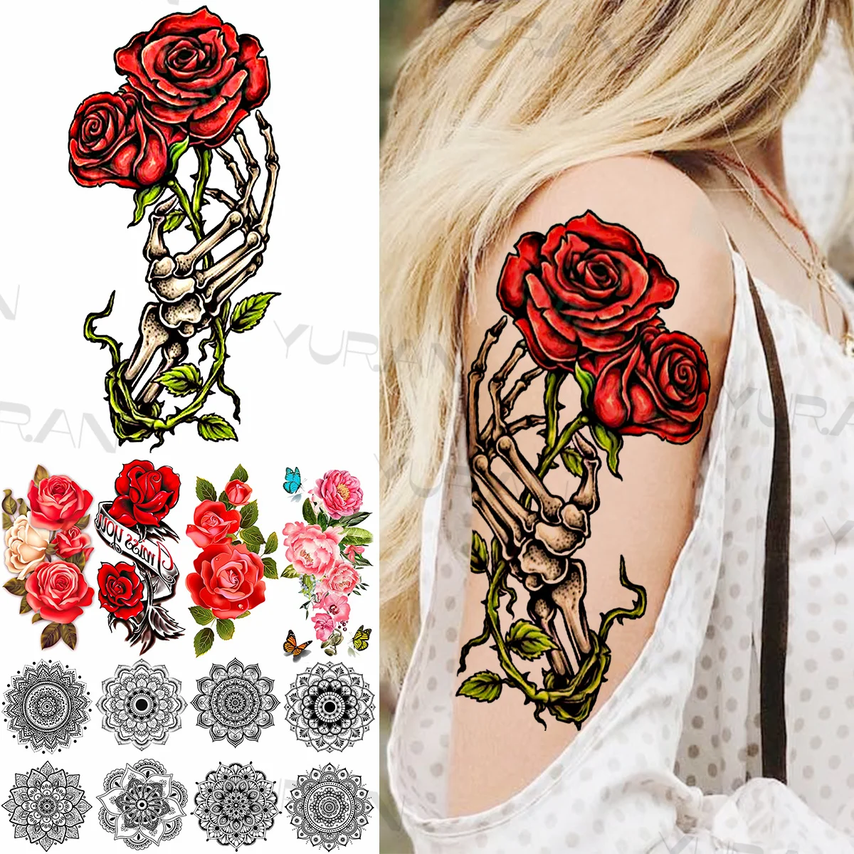 

Colorful Rose Flower Skeleton Temporary Tattoos For Women Girls Butterfly Mandala Waterproof Fake Tattoo Sticker Arm Chest Tatoo