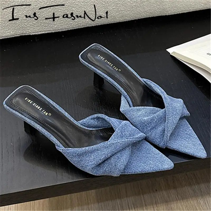 

Luxury Designer Women Slippers Fashion Pointed Open Toe Denim Outdoor Shoes Elegant All Match Sexy Chunky Heel High Heeled Lady
