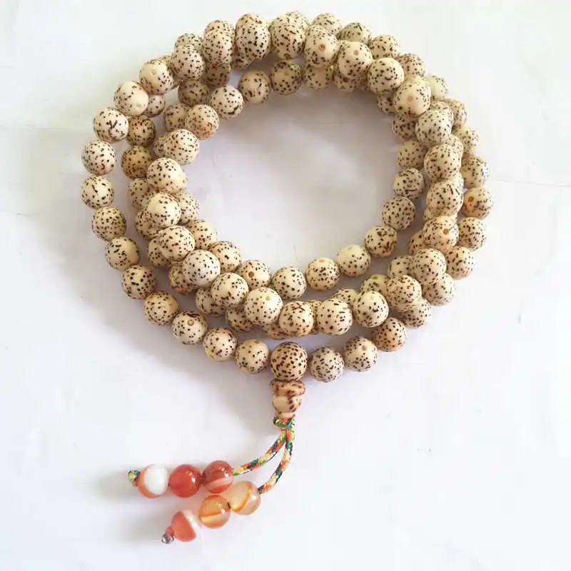 7mm Beige White Star Moon Bodhi Meditation Prayer Mala with Red Carnelian Ending Beads for Girls BRO935